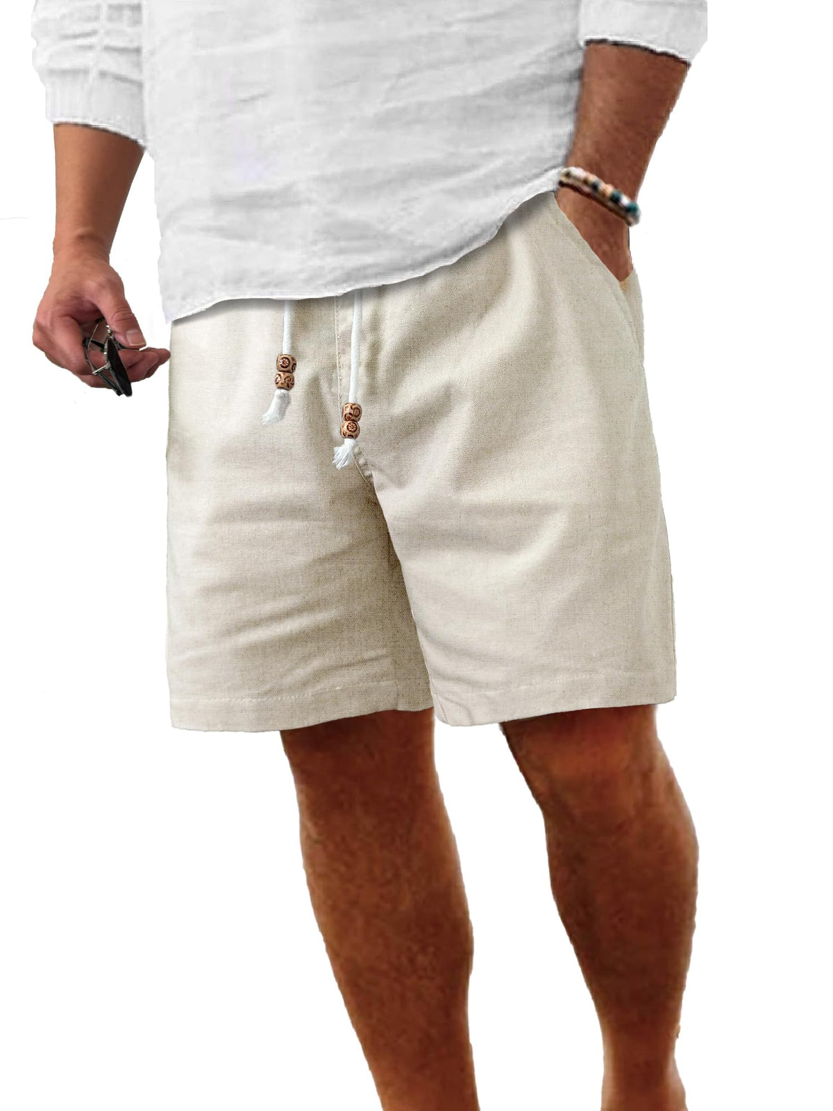 Comdecevis Men's Cotton-Linen Casual Drawstring Shorts