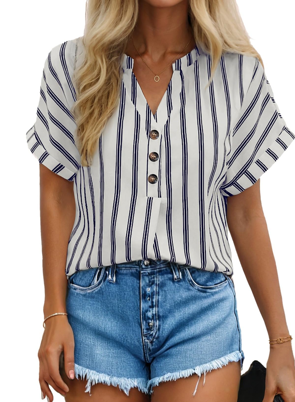 Dokotoo Womens Shirts Dressy Casual Summer Batwing Sleeve Shirt Trendy V Neck Button Down Striped Tops and Blouses