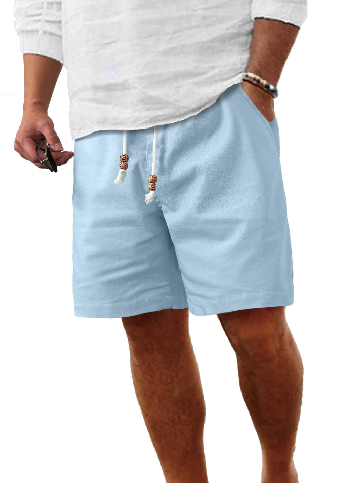 Comdecevis Men's Cotton-Linen Casual Drawstring Shorts