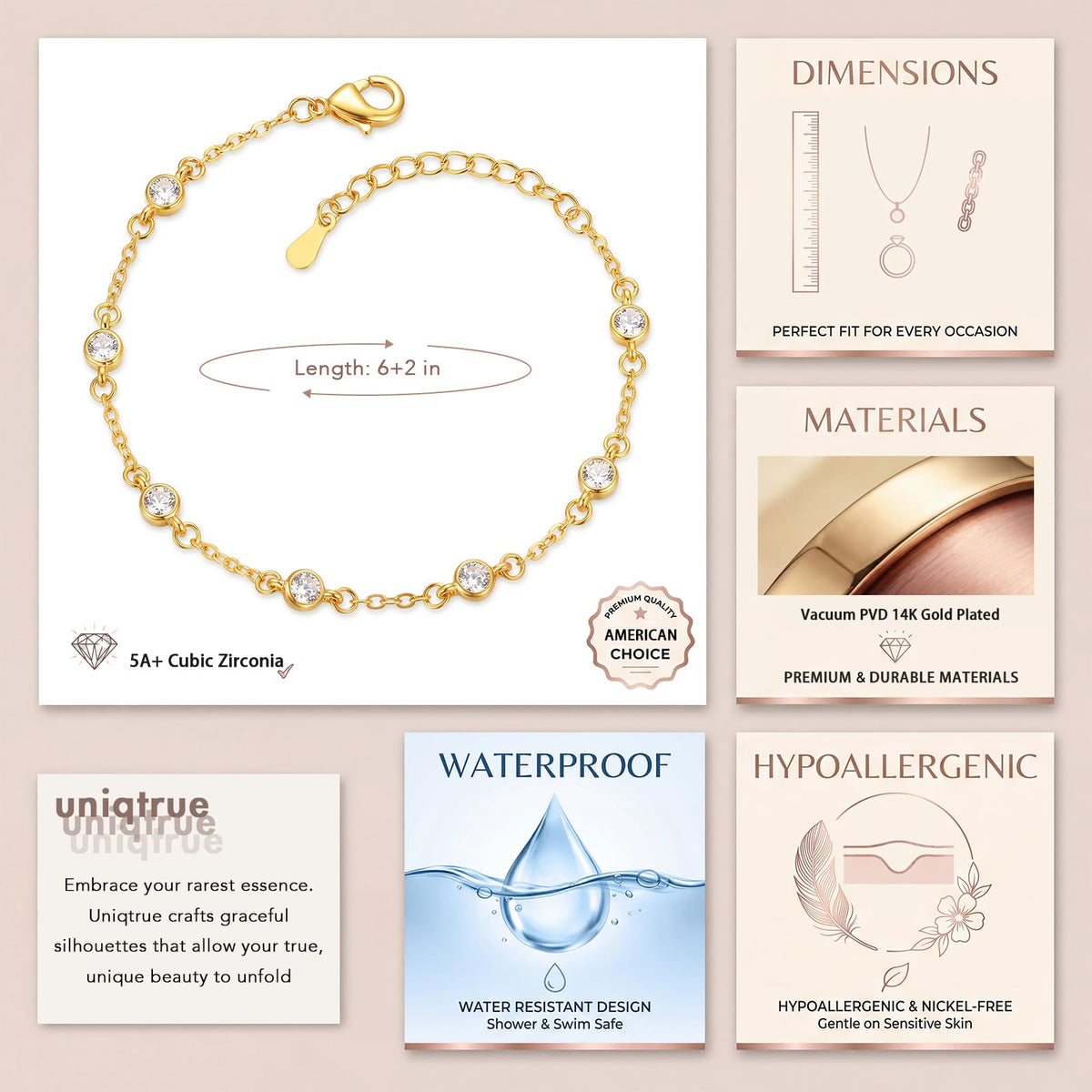 uniqtrue Women's 14K Gold-Plated Cubic Zirconia Hand Chain Bracelet