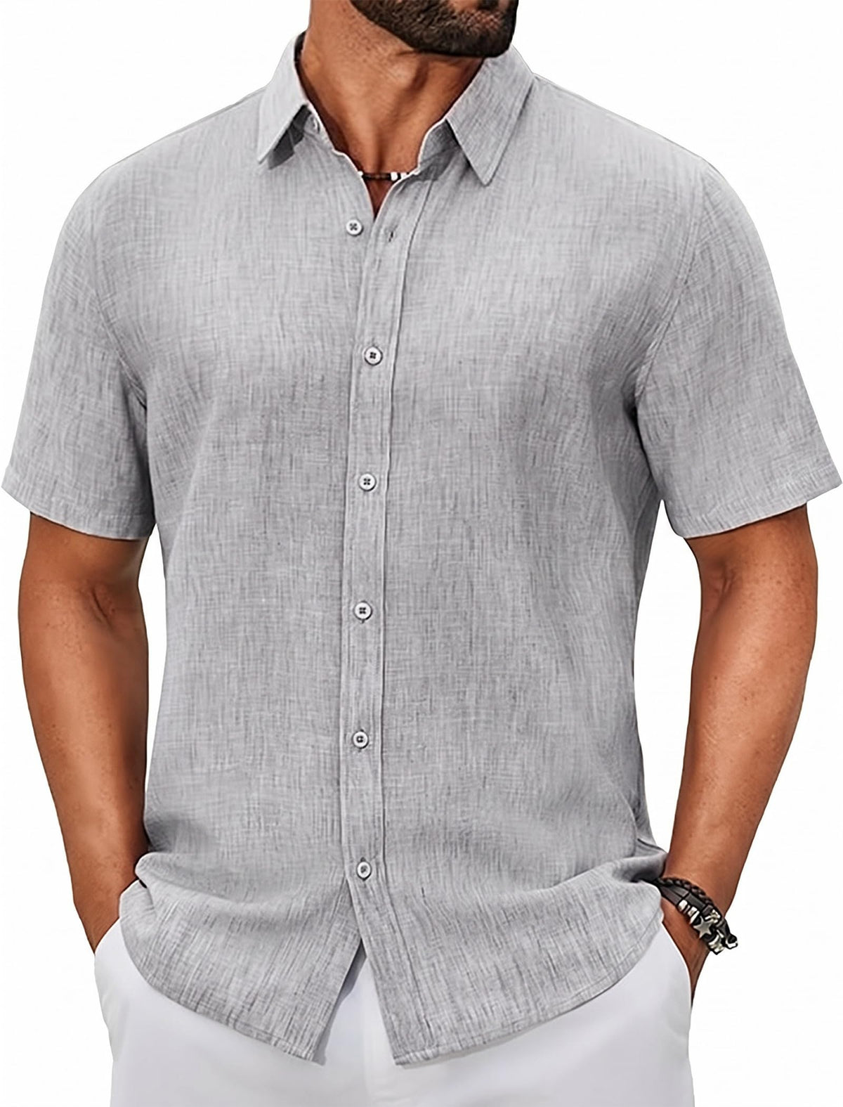 COOFANDY Men's Button Down Shirts Short Sleeve Linen Textured Shirts Casual Summer Beach Shirts