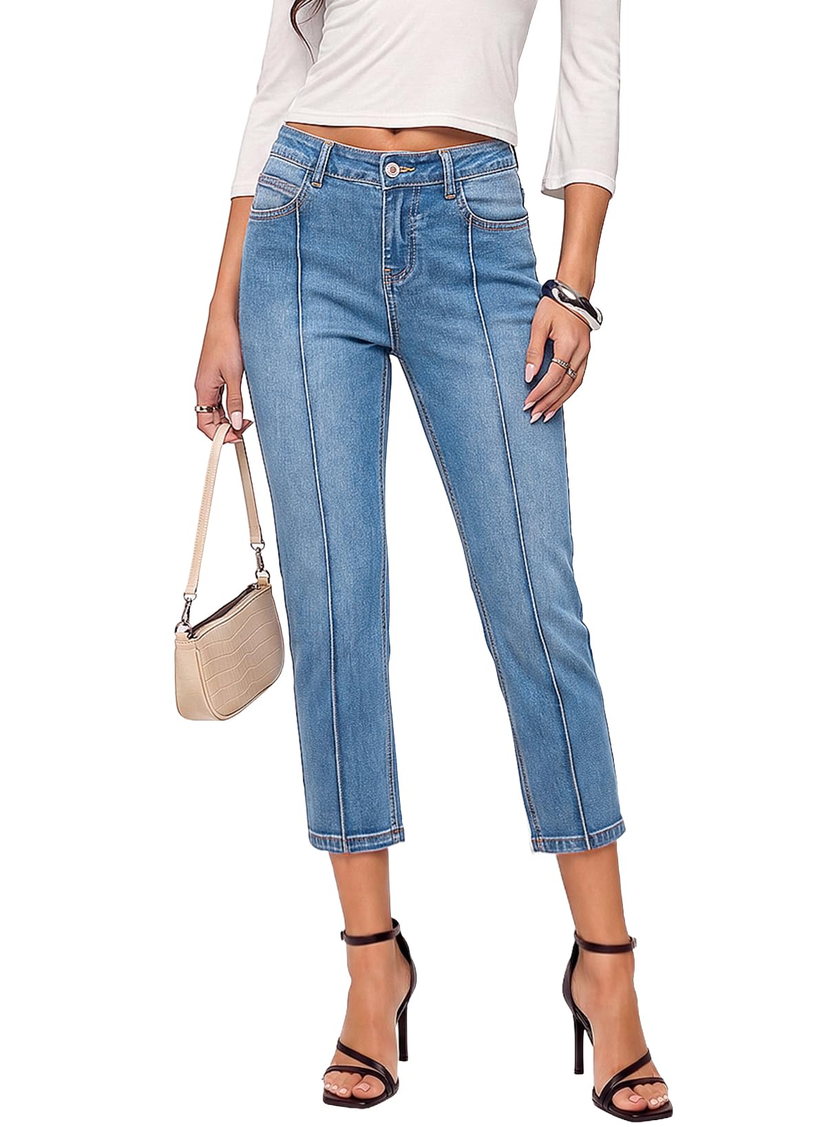 Sidefeel Women's Capri Jeans Mid Rise Skinny Stretchy Front Seam Capri Leggings Denim Pants