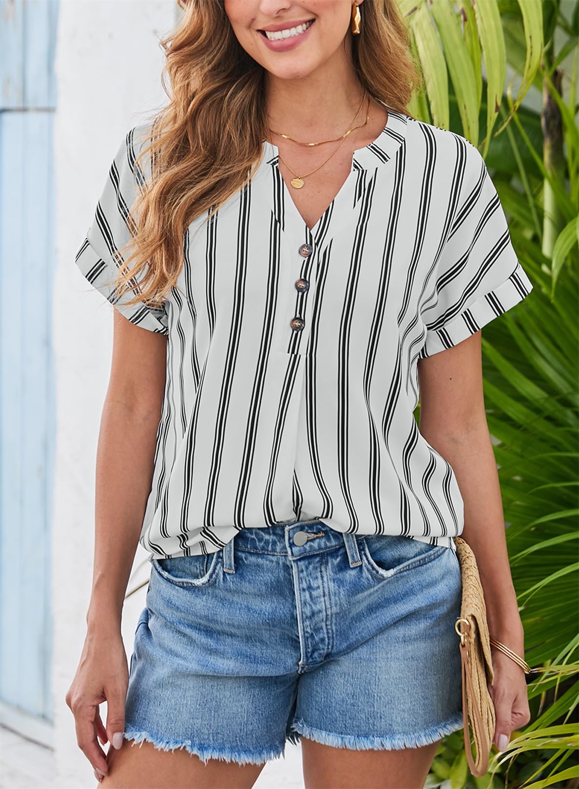 Dokotoo Womens Shirts Dressy Casual Summer Batwing Sleeve Shirt Trendy V Neck Button Down Striped Tops and Blouses