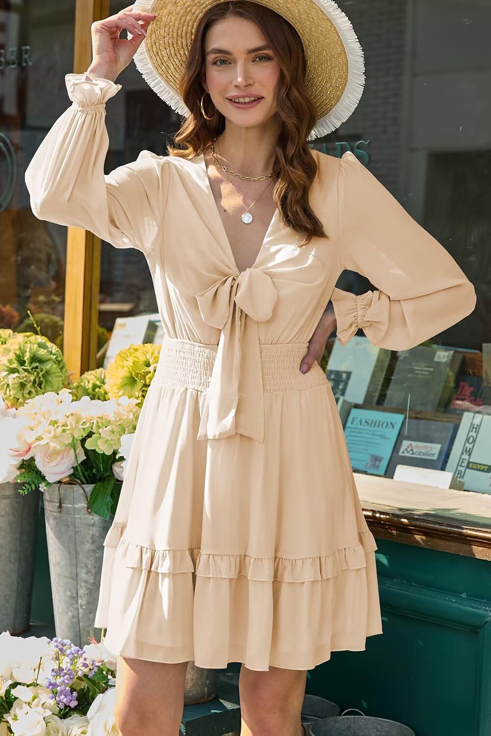 Dokotoo Womens Casual Spring Fall 2025 Deep V Neck Knotted Tiered Chiffon Elegant Mini Short Swing Skater Dresses