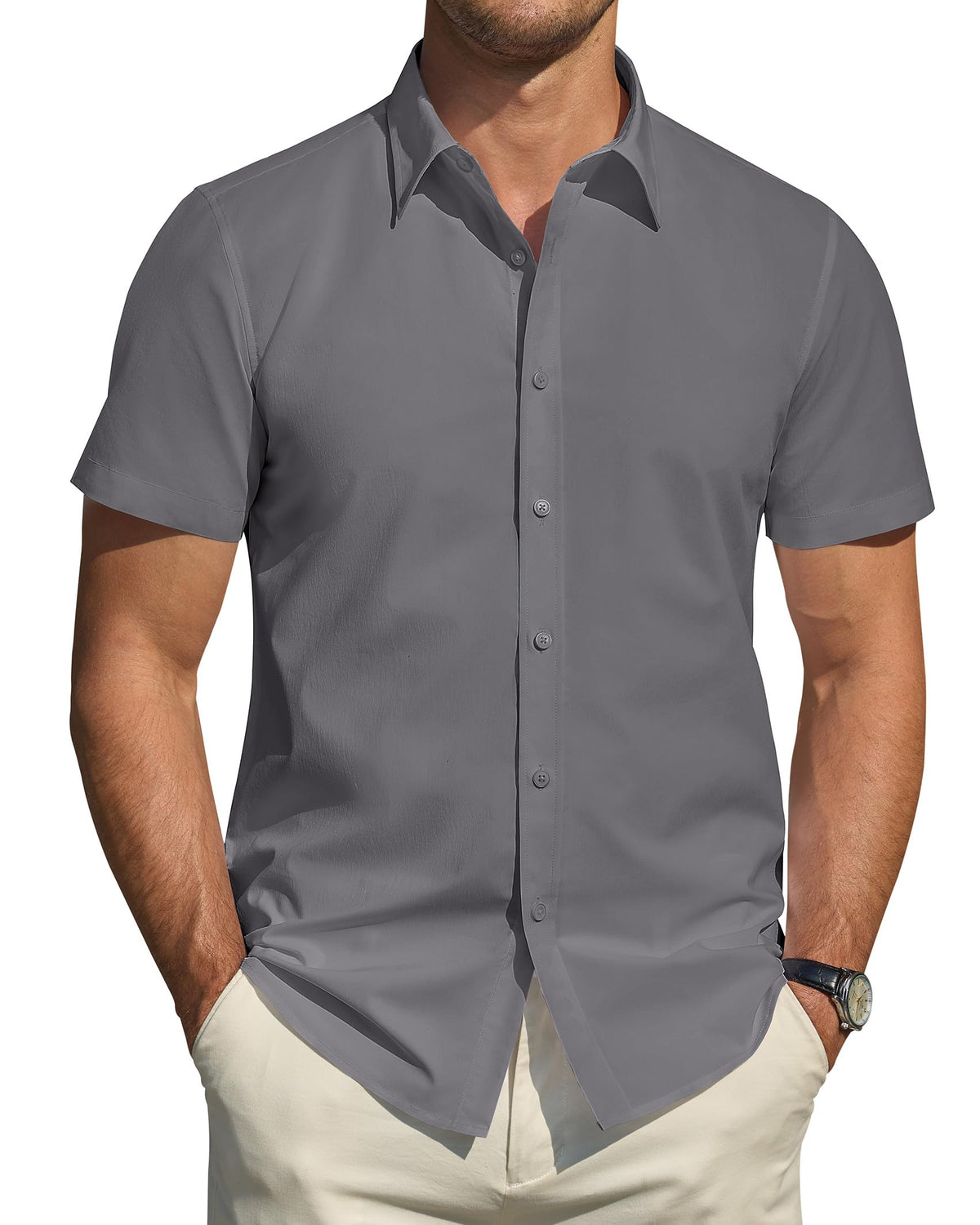 J.VER Men's Short Sleeve Dress Shirts Stretch Stain Shield Casual Button Down Shirts Solid Formal Shirt
