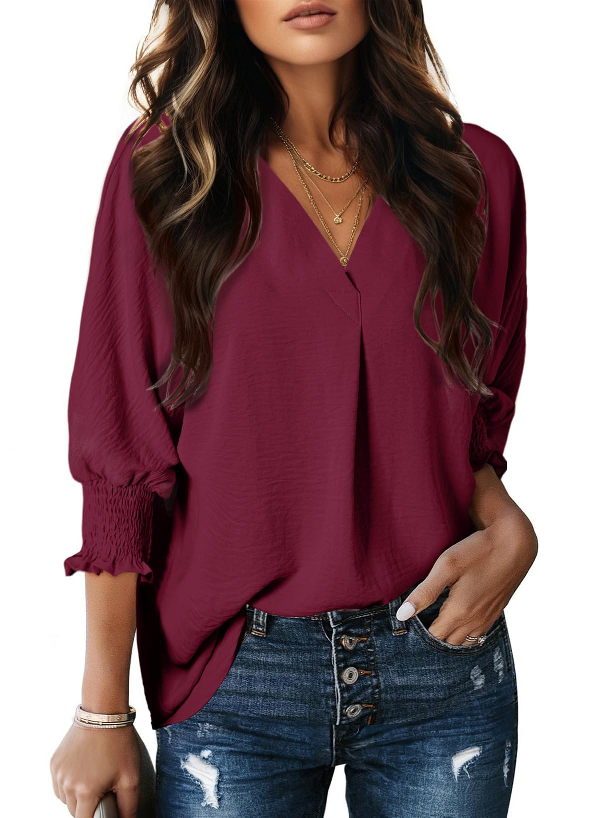 Dokotoo 3/4 Length Sleeve Womens Tops Dressy Blouses Collared Shirts