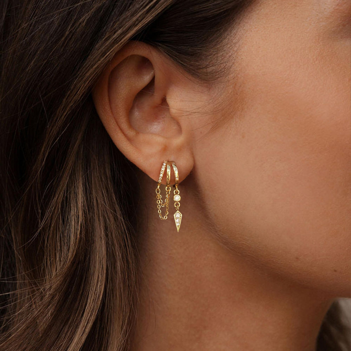 SELSHE Dangle Earrings for Women,14k Gold Plated Triple Huggie Stud Earrings Cute Statement Chain Earring Dainty Drop Earrings for Women Trendy Gold Plated Jewelry
