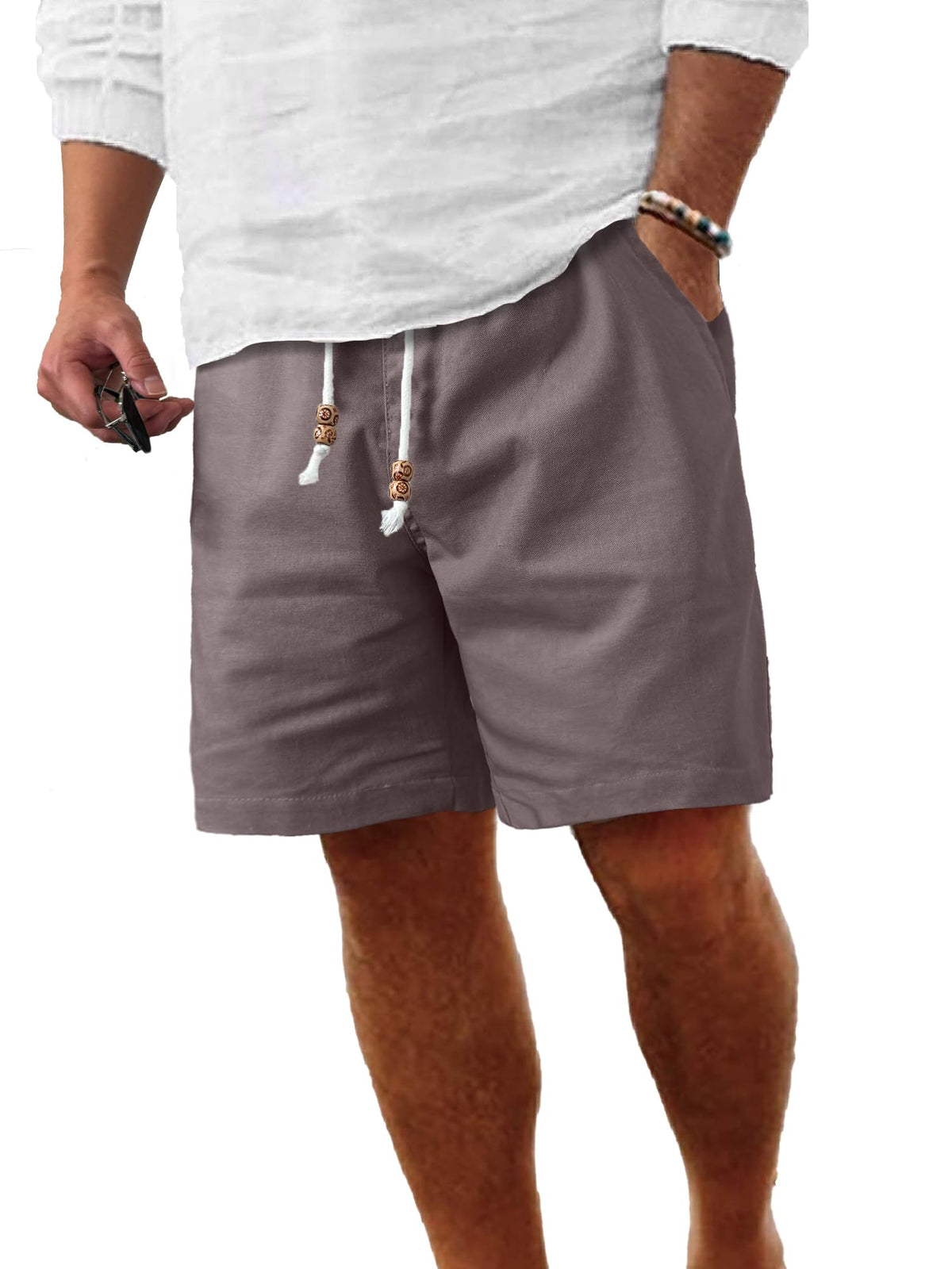 Comdecevis Men's Cotton-Linen Casual Drawstring Shorts