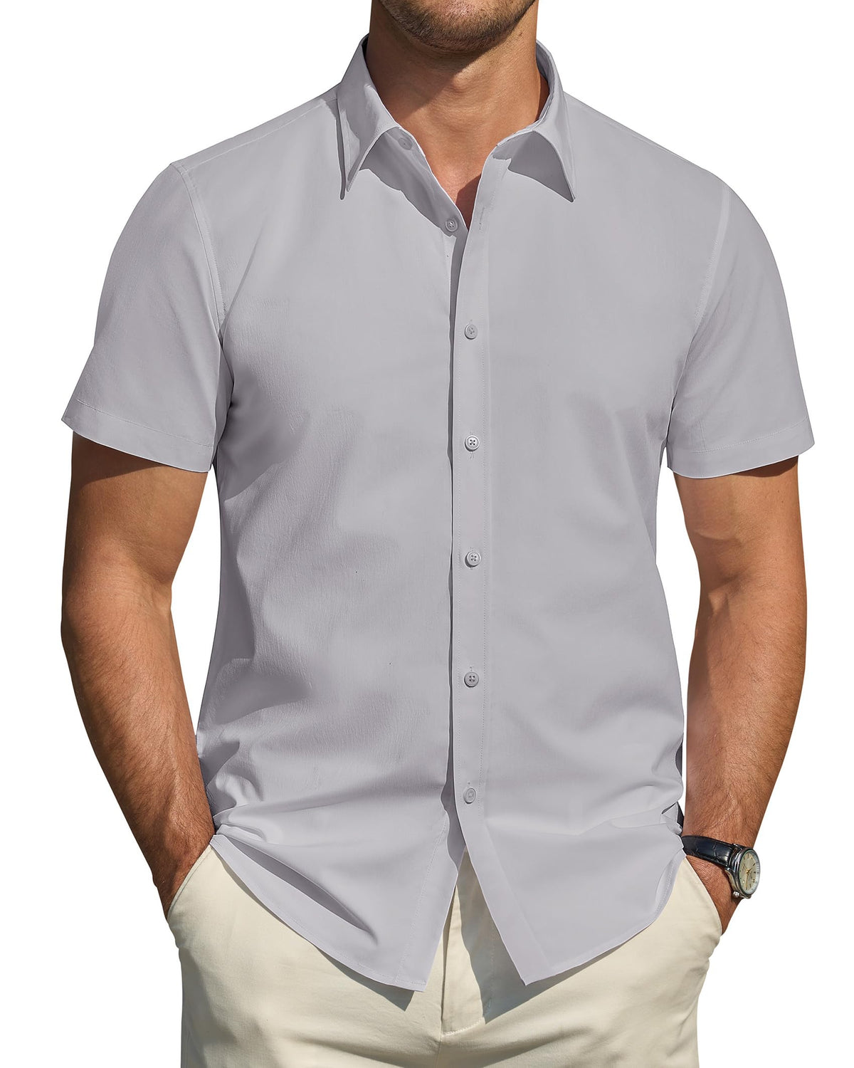 J.VER Men's Short Sleeve Dress Shirts Stretch Stain Shield Casual Button Down Shirts Solid Formal Shirt