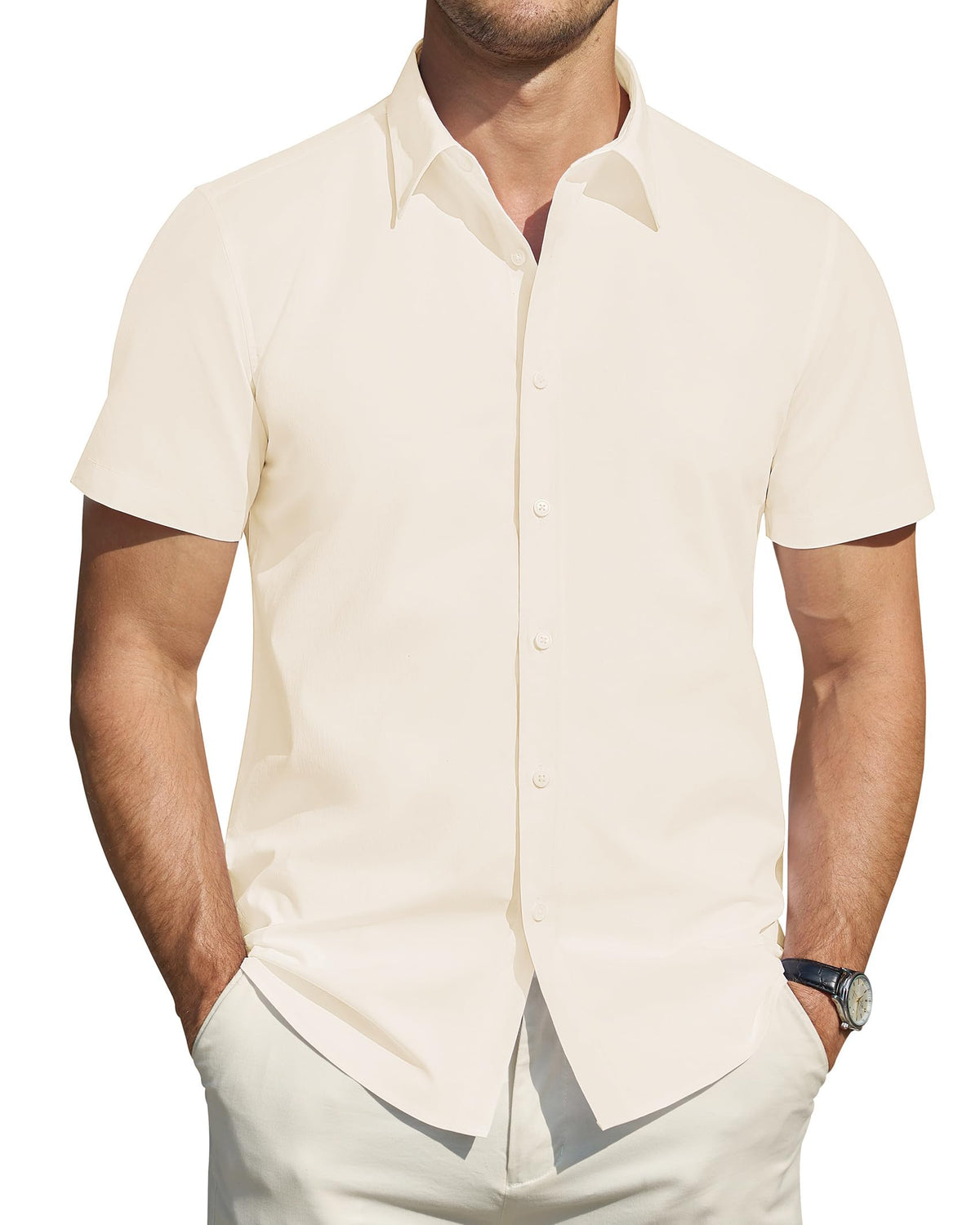 J.VER Men's Short Sleeve Dress Shirts Stretch Stain Shield Casual Button Down Shirts Solid Formal Shirt