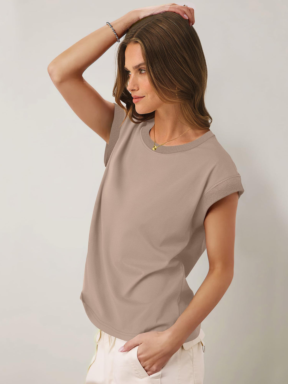 ANRABESS Women Cap Sleeve Tops 2026 Trendy Summer Loose Fit Cute Basic T Shirts Business Dressy Casual Outfits Clothes Khaki Medium