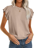ANRABESS Women's Ruffle Short Sleeve Business Casual Dressy Top Crewneck Loose T Shirts 2025 Summer Blouses Khaki M