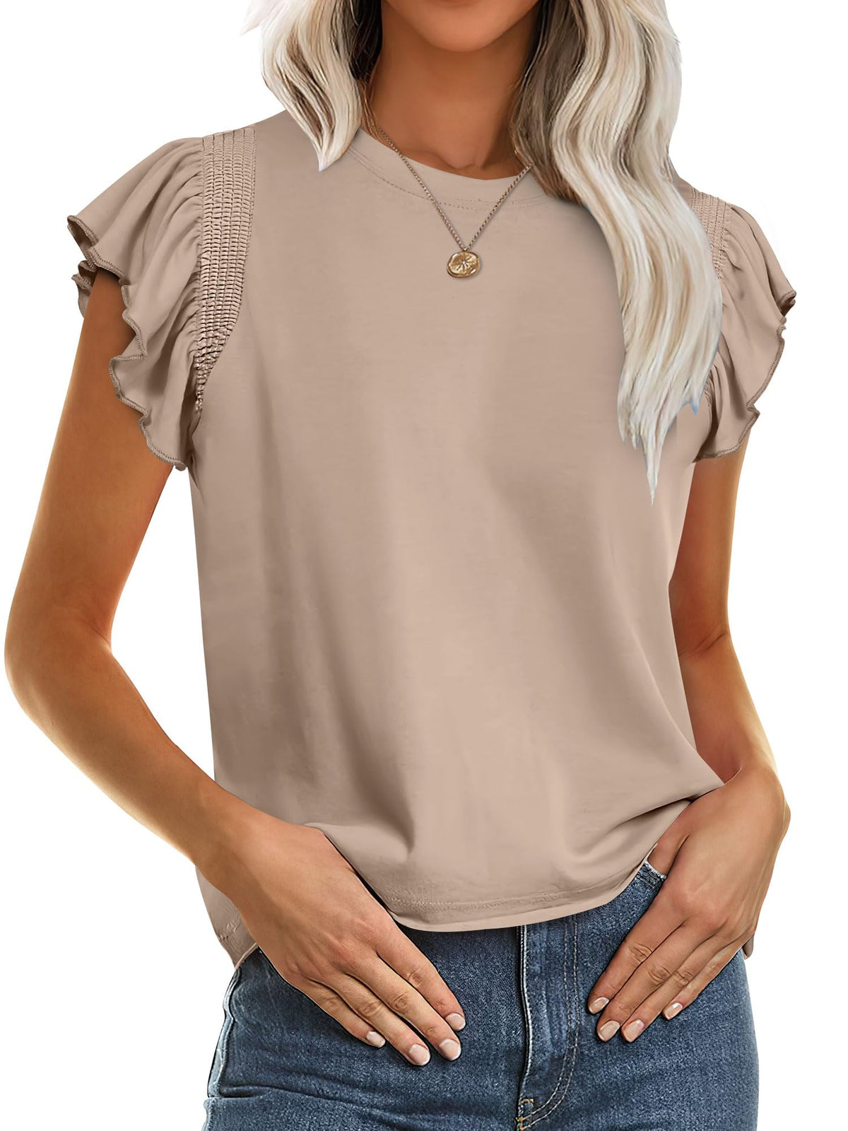 ANRABESS Women's Ruffle Sleeve Crewneck Business Casual T-Shirt