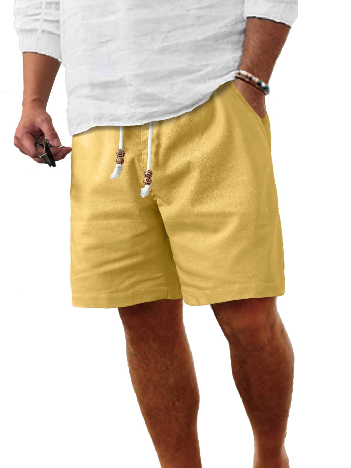 Comdecevis Men's Cotton-Linen Casual Drawstring Shorts