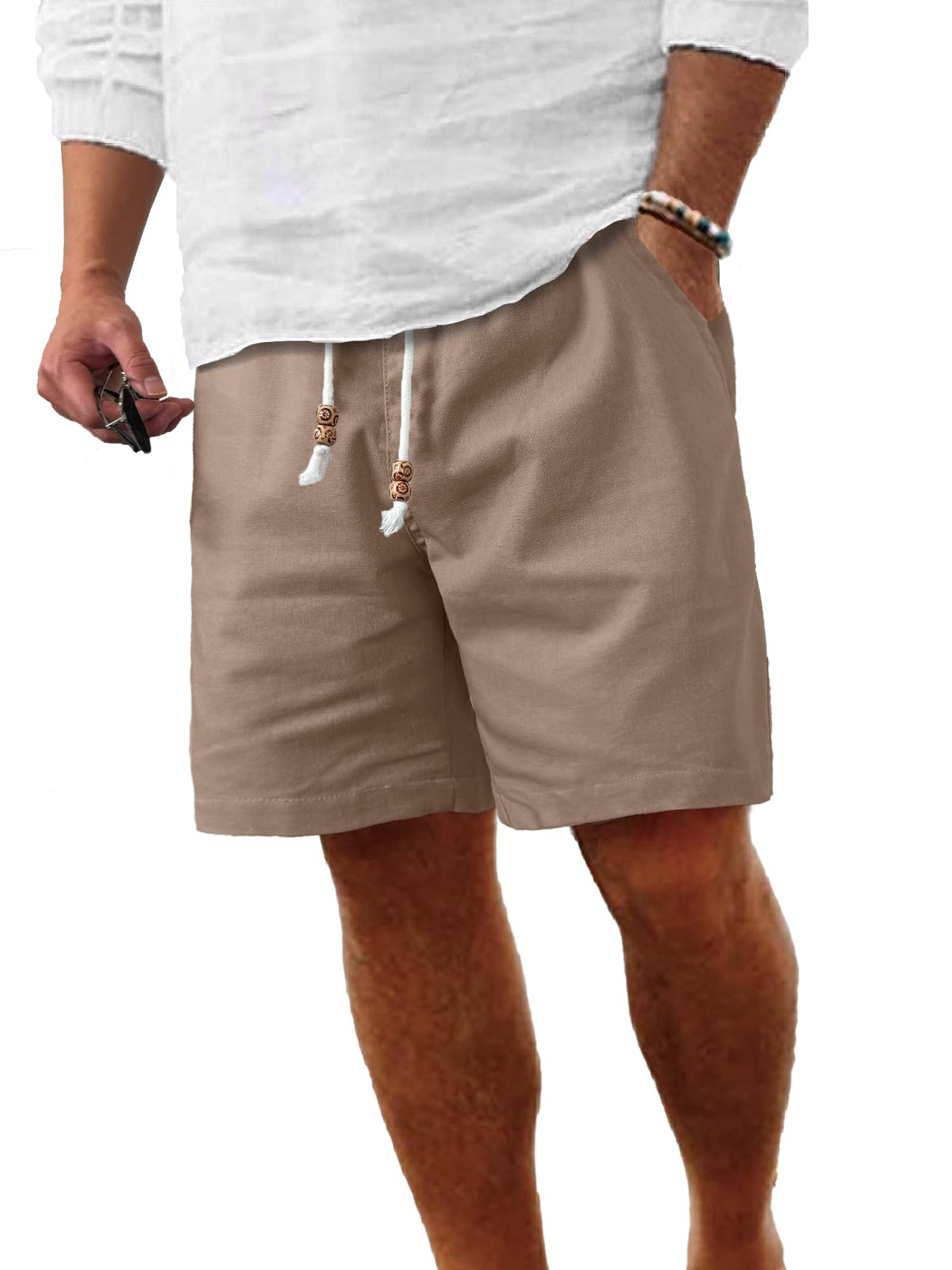 Comdecevis Men's Cotton-Linen Casual Drawstring Shorts