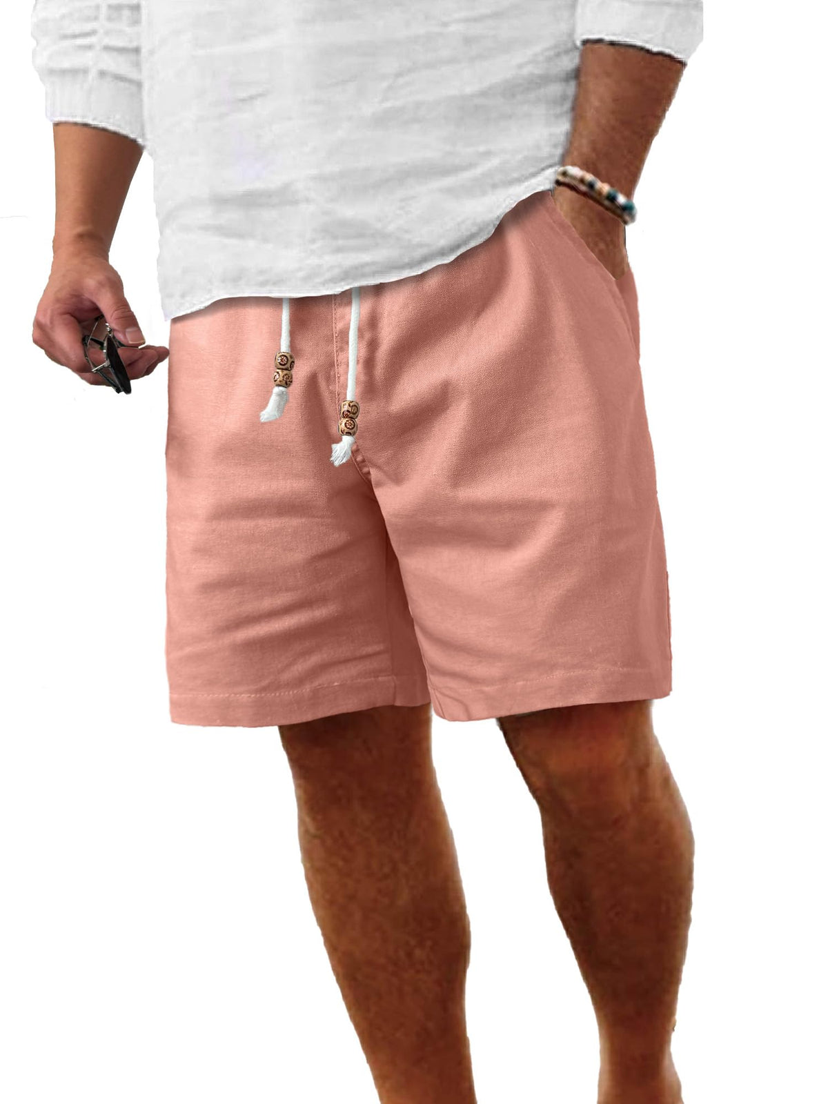 Comdecevis Men's Cotton-Linen Casual Drawstring Shorts