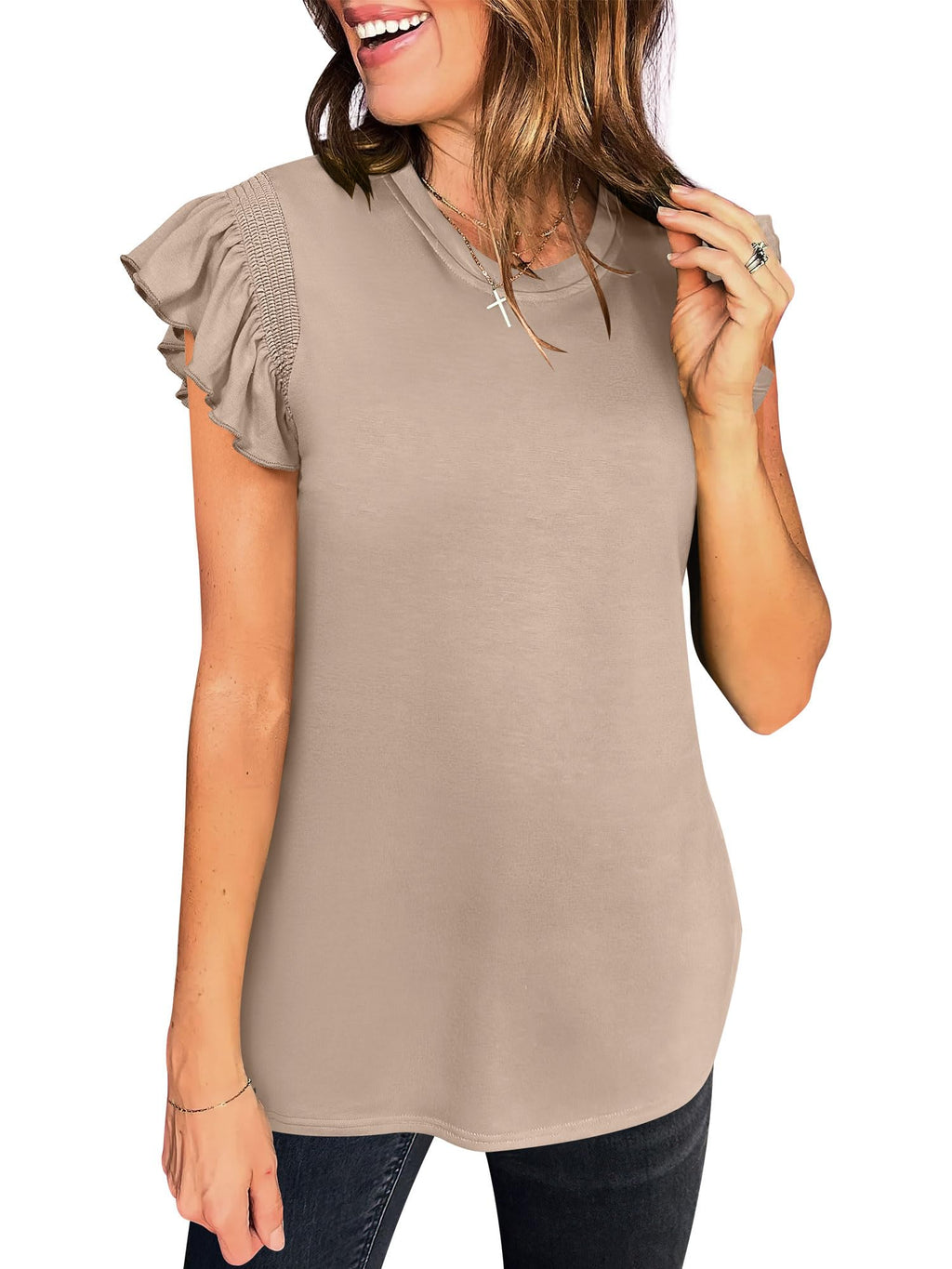 ANRABESS Women's Ruffle Short Sleeve Business Casual Dressy Top Crewneck Loose T Shirts 2025 Summer Blouses Khaki M