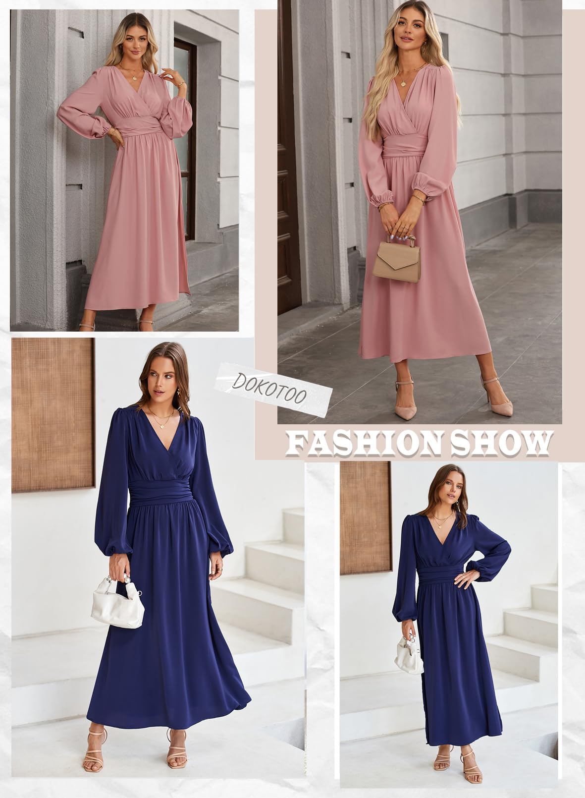 Dokotoo Maxi Dresses for Women 2026 Wrap V-Neck Long Sleeve Ruched Smocked Empire Waist Side Slit Wedding Guest Dress Elegant Dresses Black X-Large