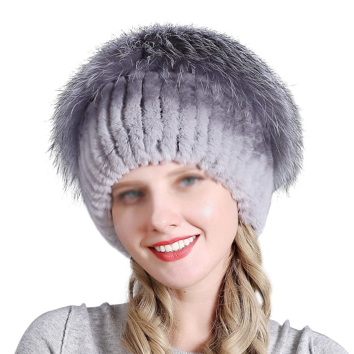 FEABCR Women's Fur Hat,Knit Rex Rabbit Fur Hat Women's Beanies with Fox Fur Pom Pom (Color : C, Size : One Size)