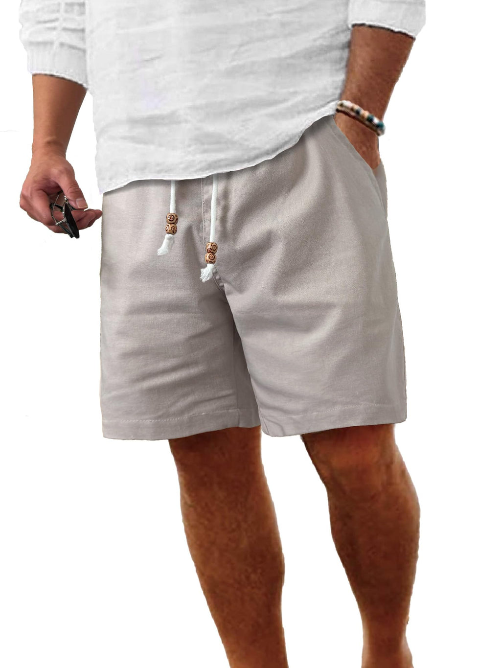 Comdecevis Men's Cotton-Linen Casual Drawstring Shorts
