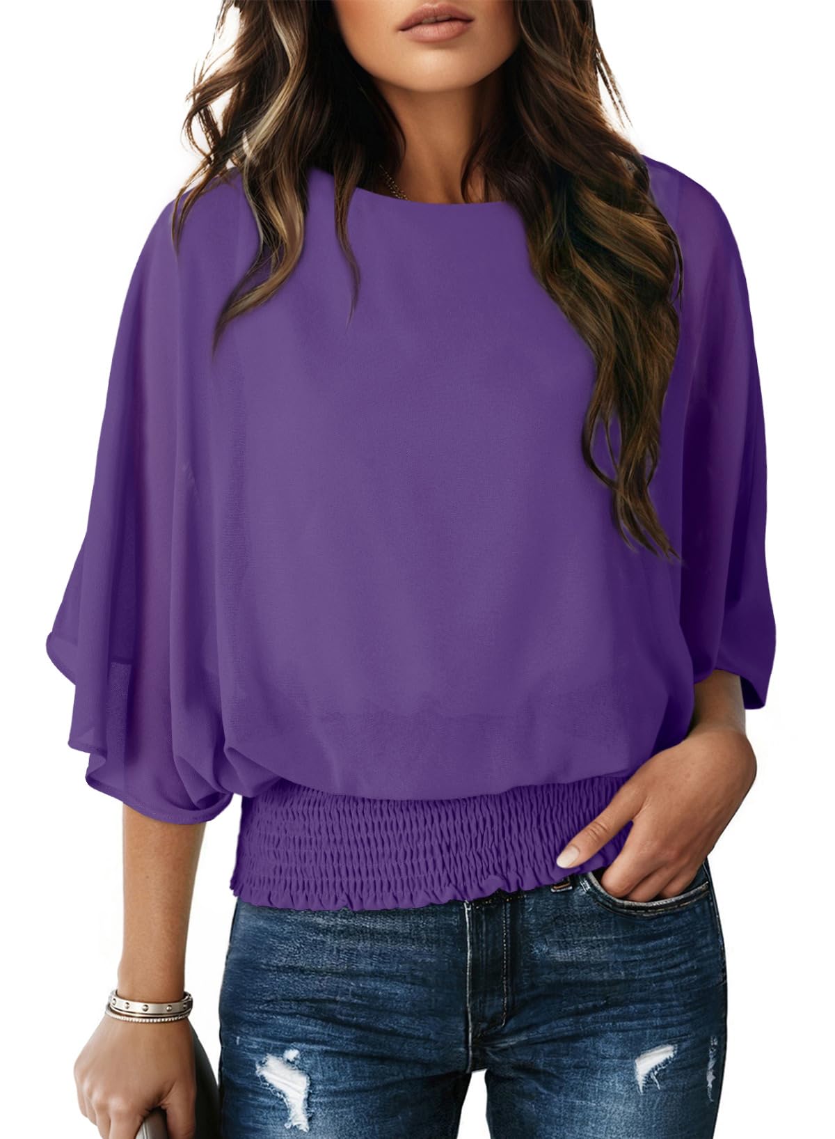 Dokotoo Womens Blouses Dressy Casual Boat Neck Flowy Chiffon Blouses Poncho Batwing Tops
