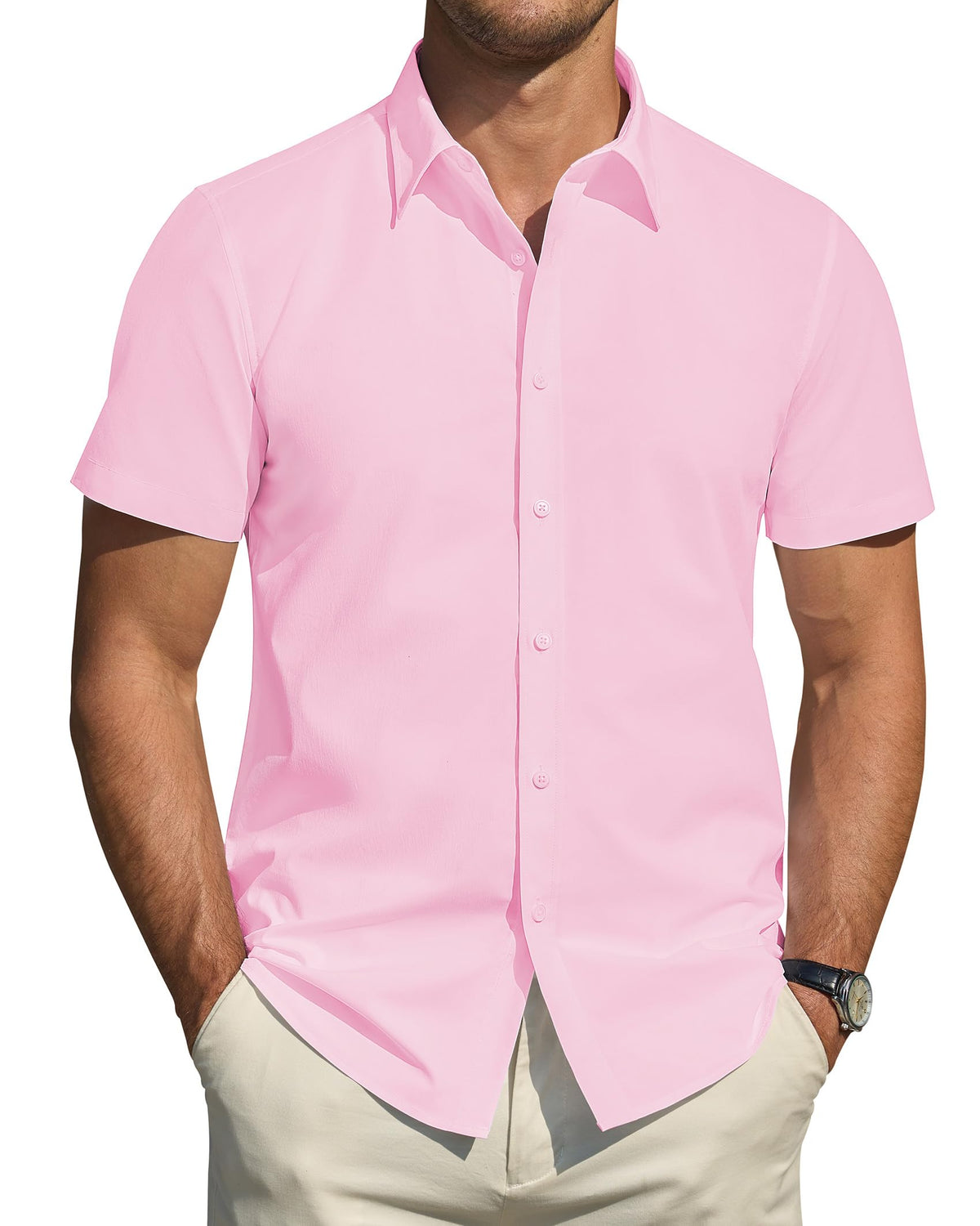 J.VER Men's Short Sleeve Dress Shirts Stretch Stain Shield Casual Button Down Shirts Solid Formal Shirt