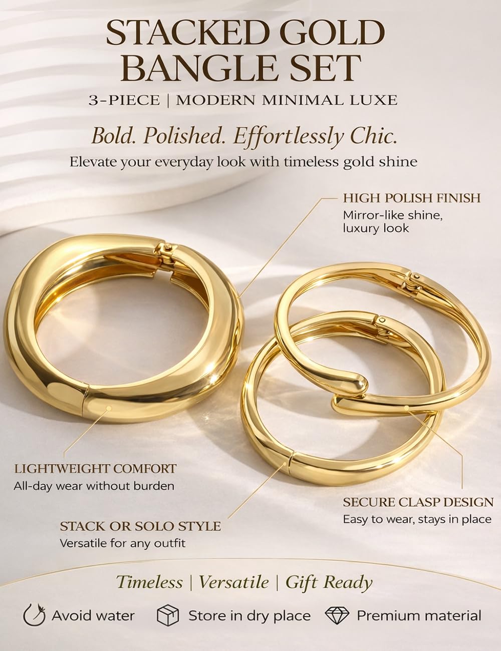 Chunky Gold Bangle Bracelets for Women, Dainty 14k Gold Plated Big Stackable Bangles Set, Trendy Statement Cuff Bracelet Stack Fashion Jewelry Gifts