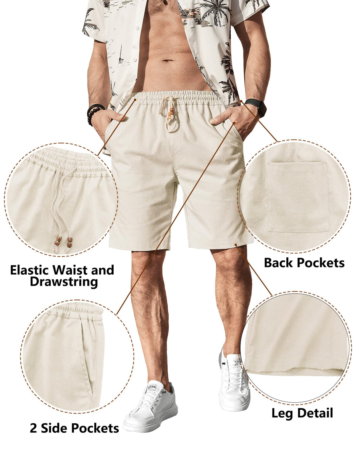 Comdecevis Men's Cotton-Linen Casual Drawstring Shorts