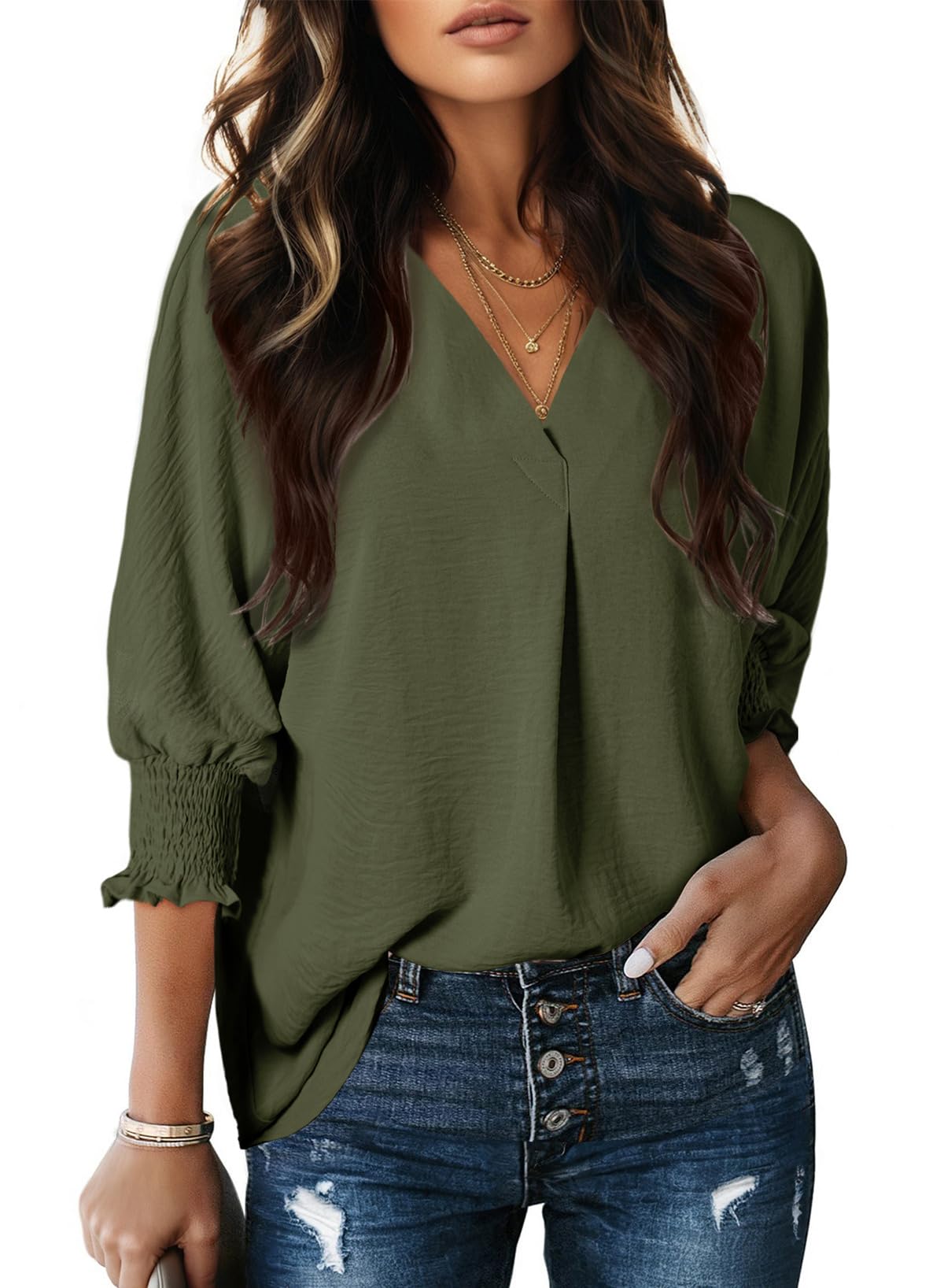 Dokotoo 3/4 Length Sleeve Womens Tops Dressy Blouses Collared Shirts