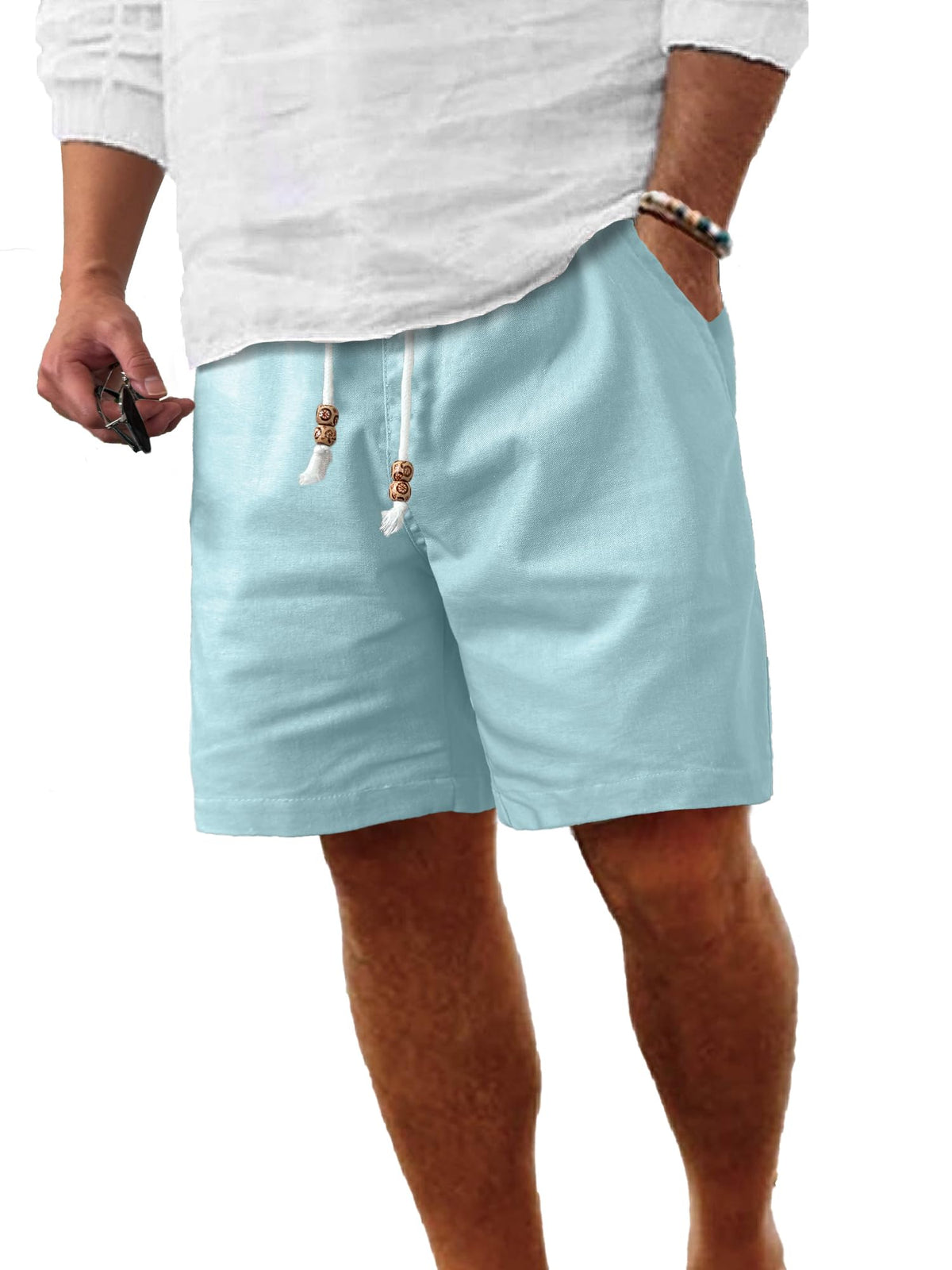 Comdecevis Men's Cotton-Linen Casual Drawstring Shorts