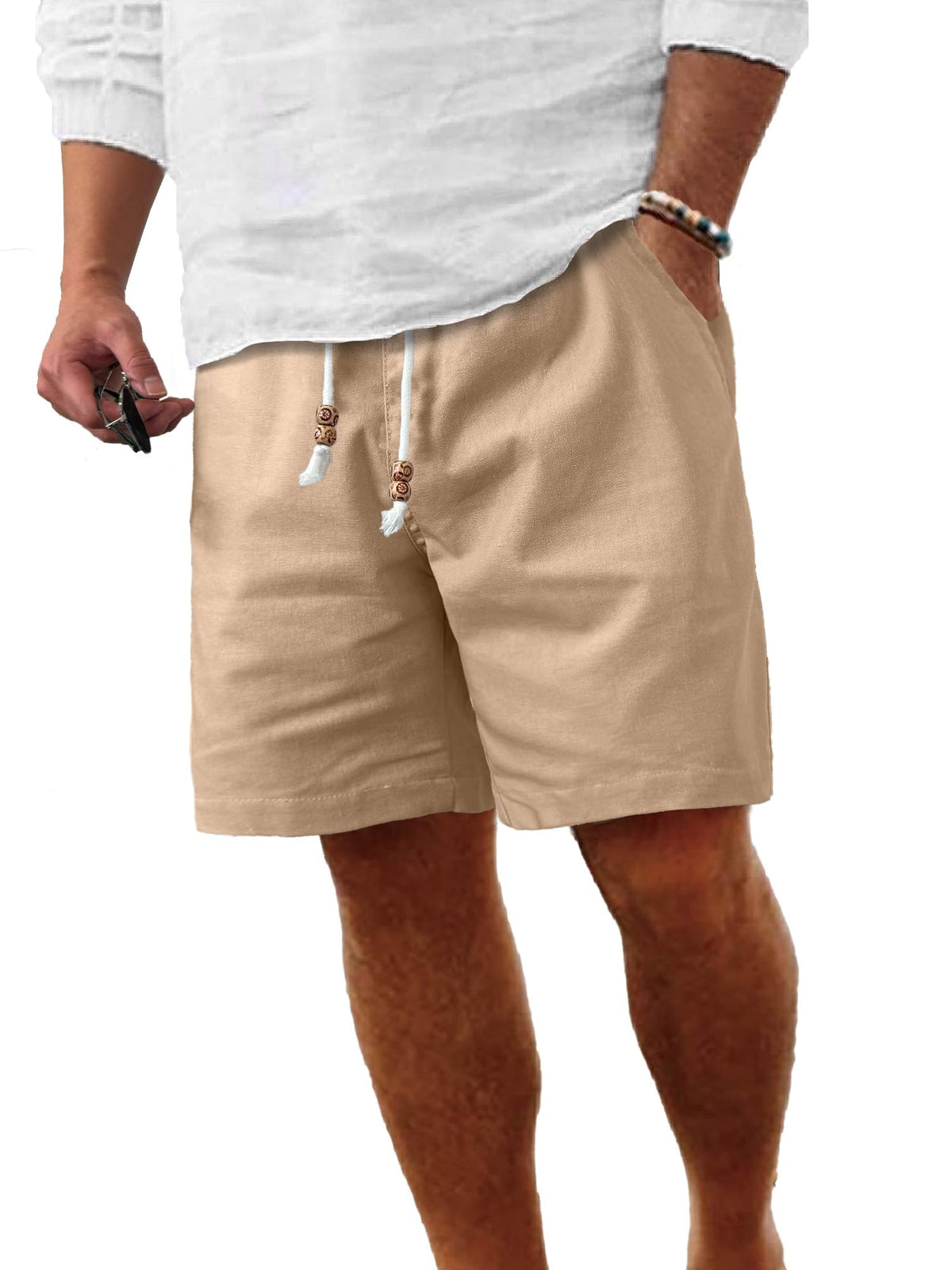 Comdecevis Men's Cotton-Linen Casual Drawstring Shorts