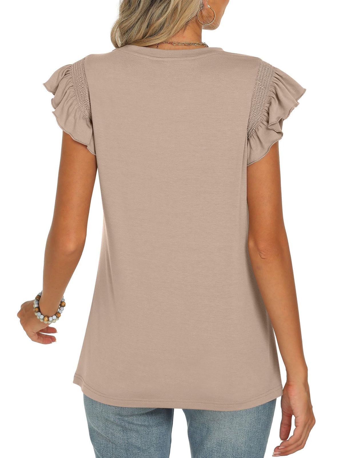 ANRABESS Women's Ruffle Short Sleeve Business Casual Dressy Top Crewneck Loose T Shirts 2025 Summer Blouses Khaki M