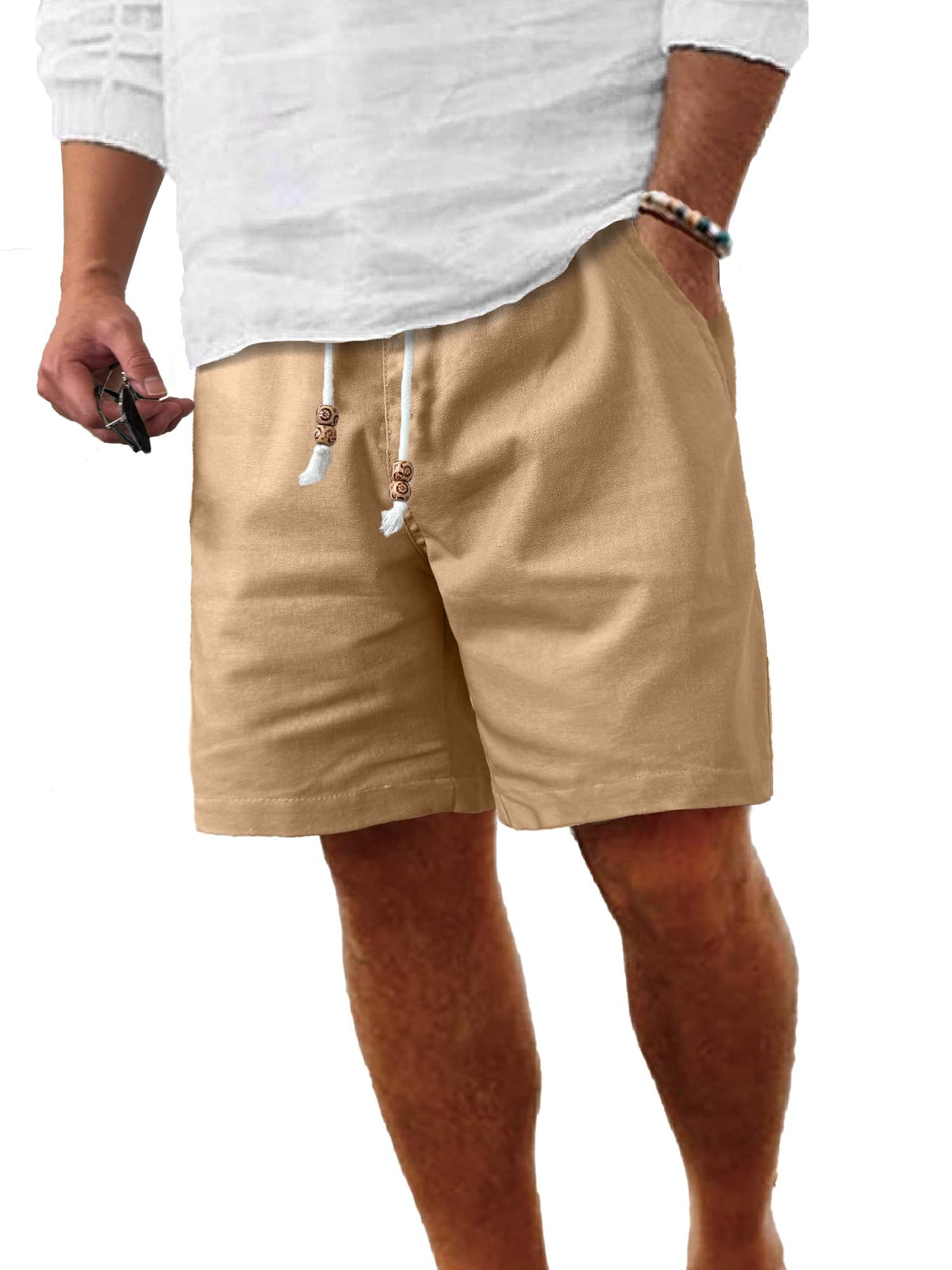 Comdecevis Men's Cotton-Linen Casual Drawstring Shorts