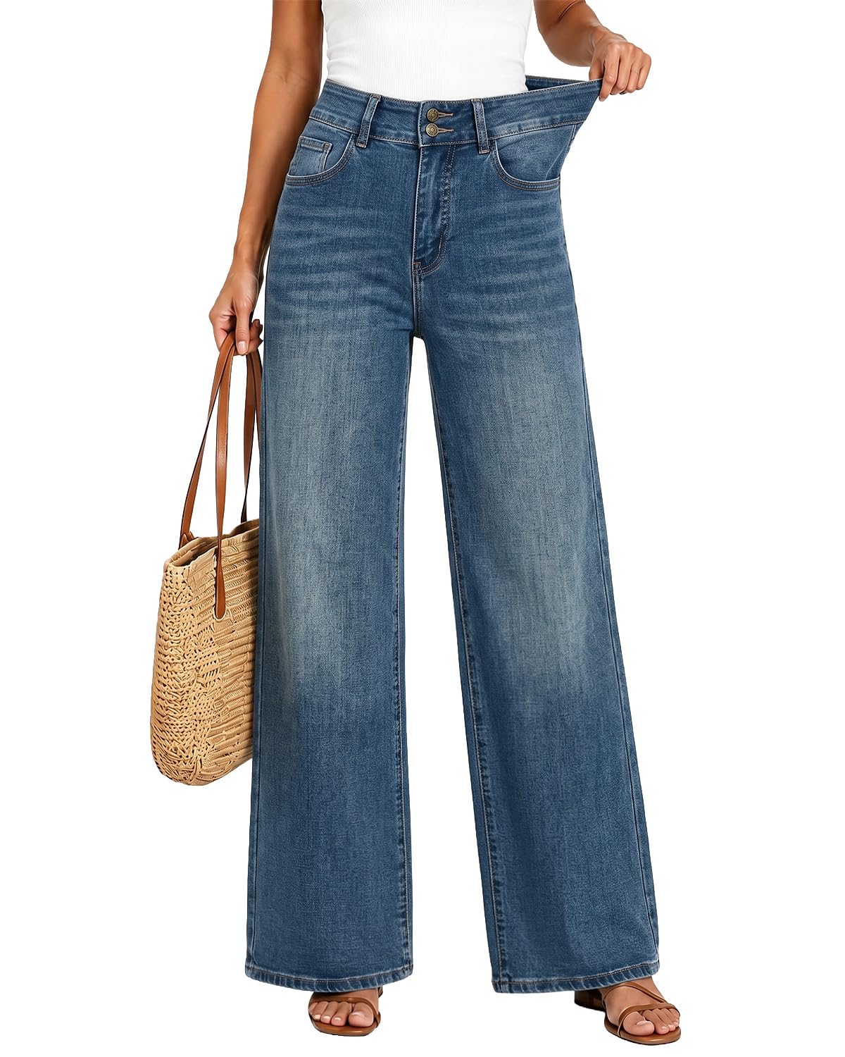 UPNET Women's High-Waisted Stretch Wide-Leg Baggy Jeans