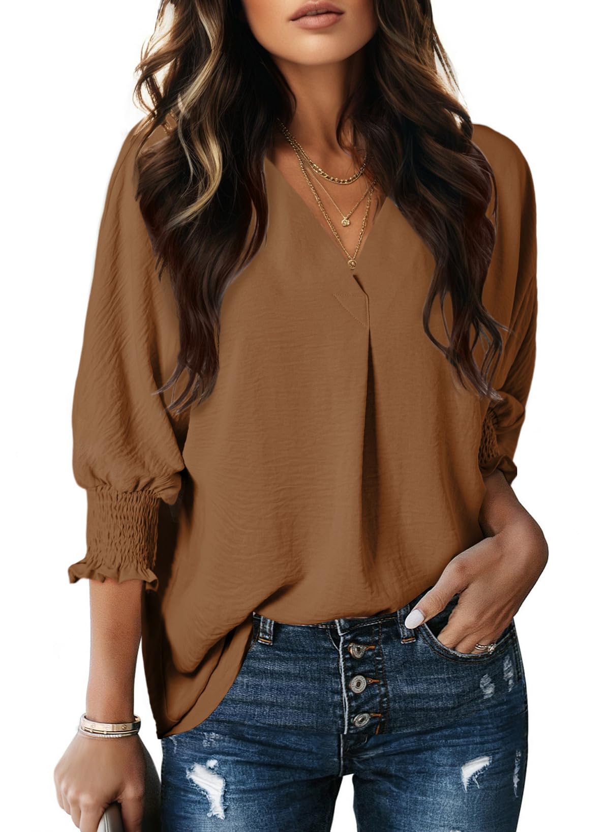 Dokotoo Women's 3/4 Sleeve Collared Dressy Blouse Shirt