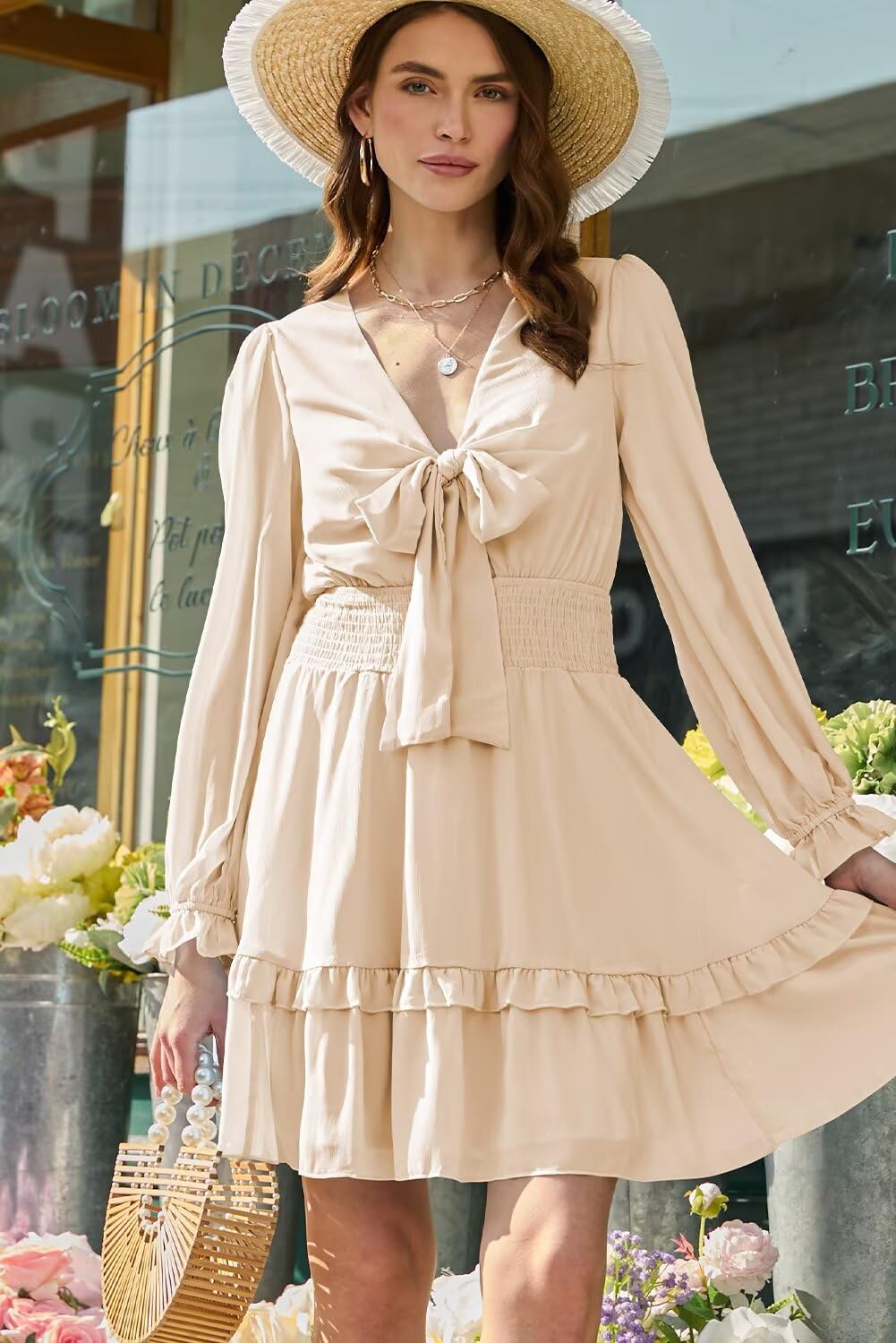 Dokotoo Womens Casual Spring Fall 2025 Deep V Neck Knotted Tiered Chiffon Elegant Mini Short Swing Skater Dresses