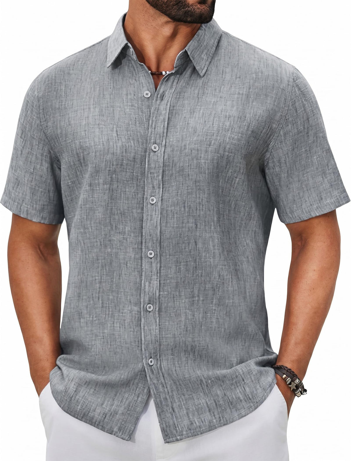 COOFANDY Men's Button Down Shirts Short Sleeve Linen Textured Shirts Casual Summer Beach Shirts
