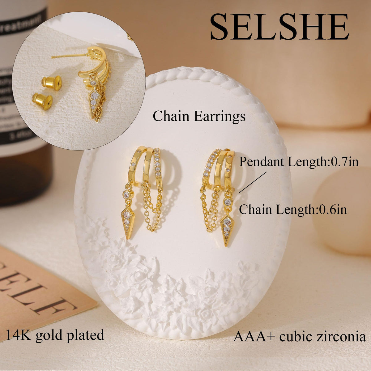 SELSHE Dangle Earrings for Women,14k Gold Plated Triple Huggie Stud Earrings Cute Statement Chain Earring Dainty Drop Earrings for Women Trendy Gold Plated Jewelry