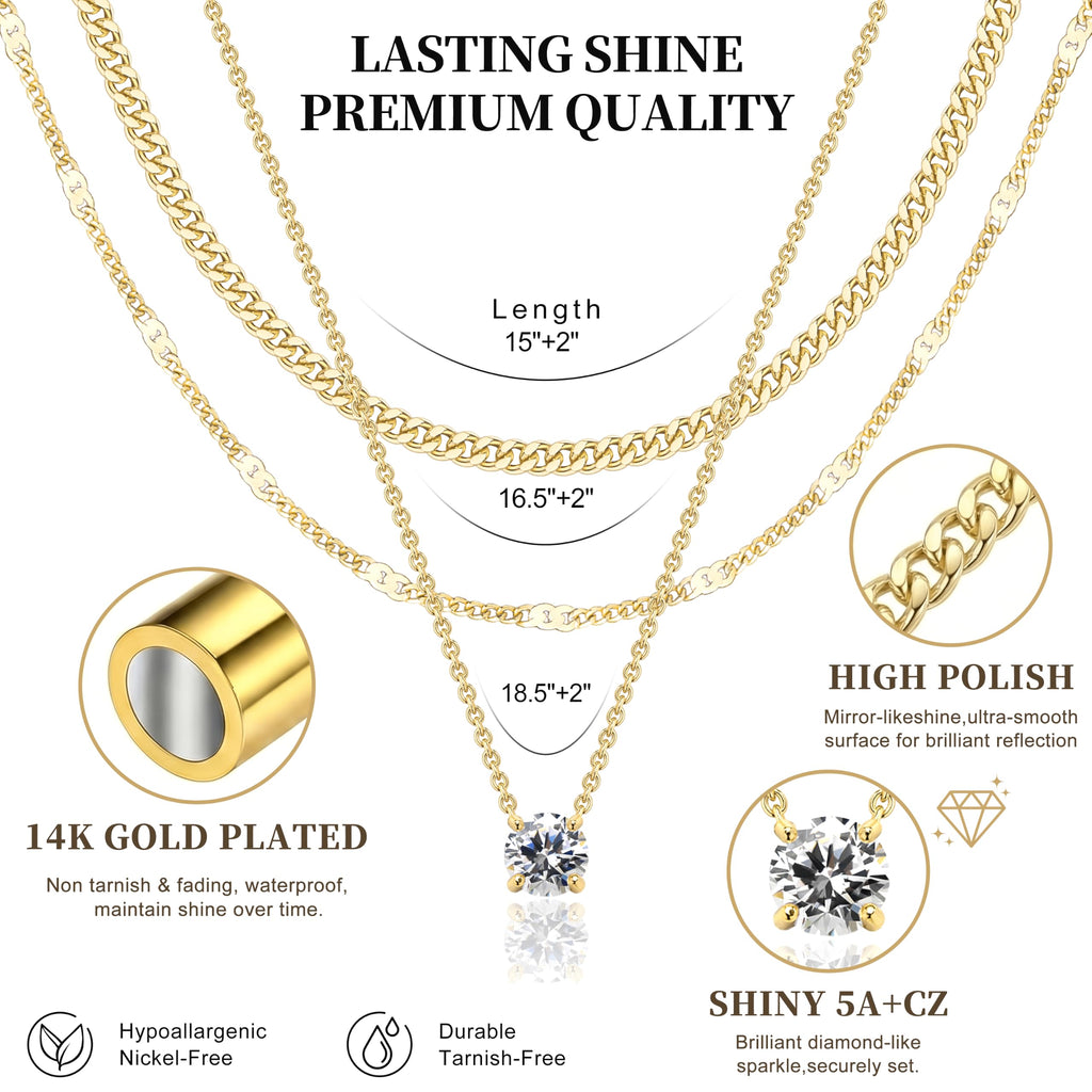 WomenGifts Layered Gold Necklaces for Women, 14K Gold Sterling Silver Plated Dainty Pendant Necklace Set Non Tarnish, Chunky Stackable Cuban Chain Choker, Trendy Birthstone Vacation Jewelry Gift