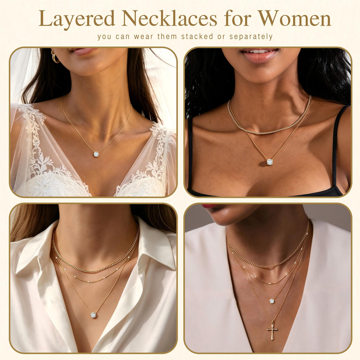 WomenGifts Layered Gold Necklaces for Women, 14K Gold Sterling Silver Plated Dainty Pendant Necklace Set Non Tarnish, Chunky Stackable Cuban Chain Choker, Trendy Birthstone Vacation Jewelry Gift