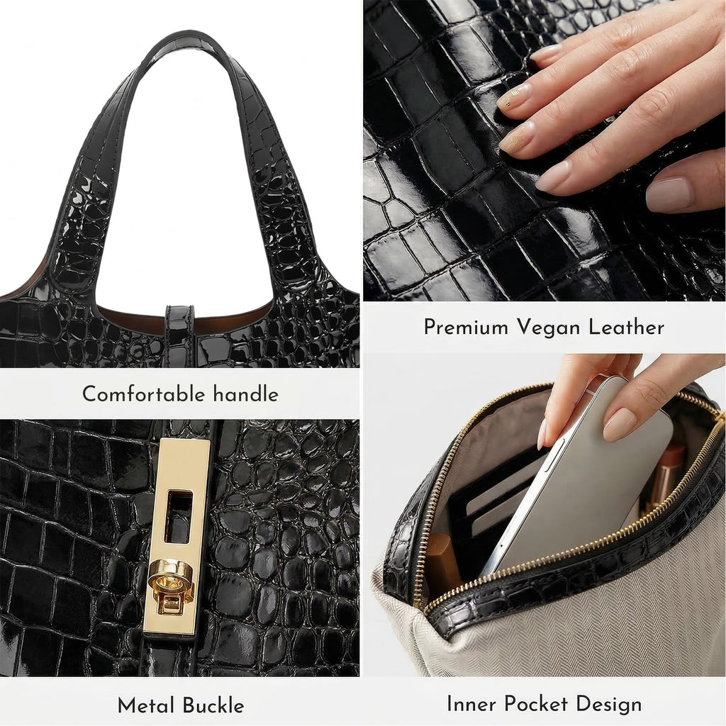 Tote Bag for Women Top Handle Handbag Satchel Bag for Women Vegan Leather Lock Design Bucket Purse for Work Evening